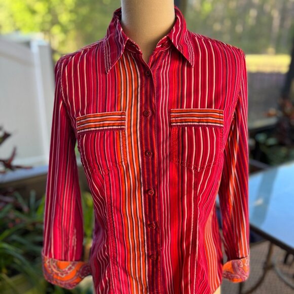 Tommy Hilfiger Button Down Shirt Long Sleeves Orange Pink Front Pockets Size S/P - Picture 1 of 6